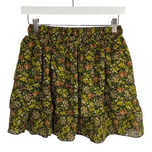 Mimi Chica Floral Tiered Ruffle Mini Skirt Womens Size S Black Yellow Boho